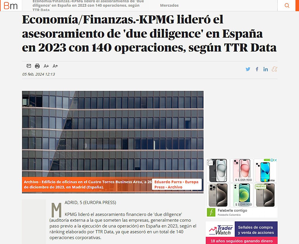 KPMG lider el asesoramiento de 'due diligence' en Espaa en 2023 con 140 operaciones, segn TTR Data